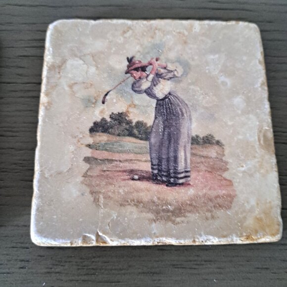 VTG Golf 19th-c Images Coaster Set Handcrafted Marble Giftware by Studio Vertu - Picture 4 of 9